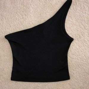 One shoulder black top